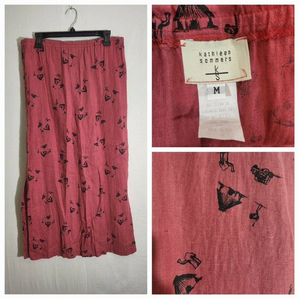 KATHLEEN SOMMERS Skirt Womens M Red Camels Desert 100% Linen Straight Side Slits